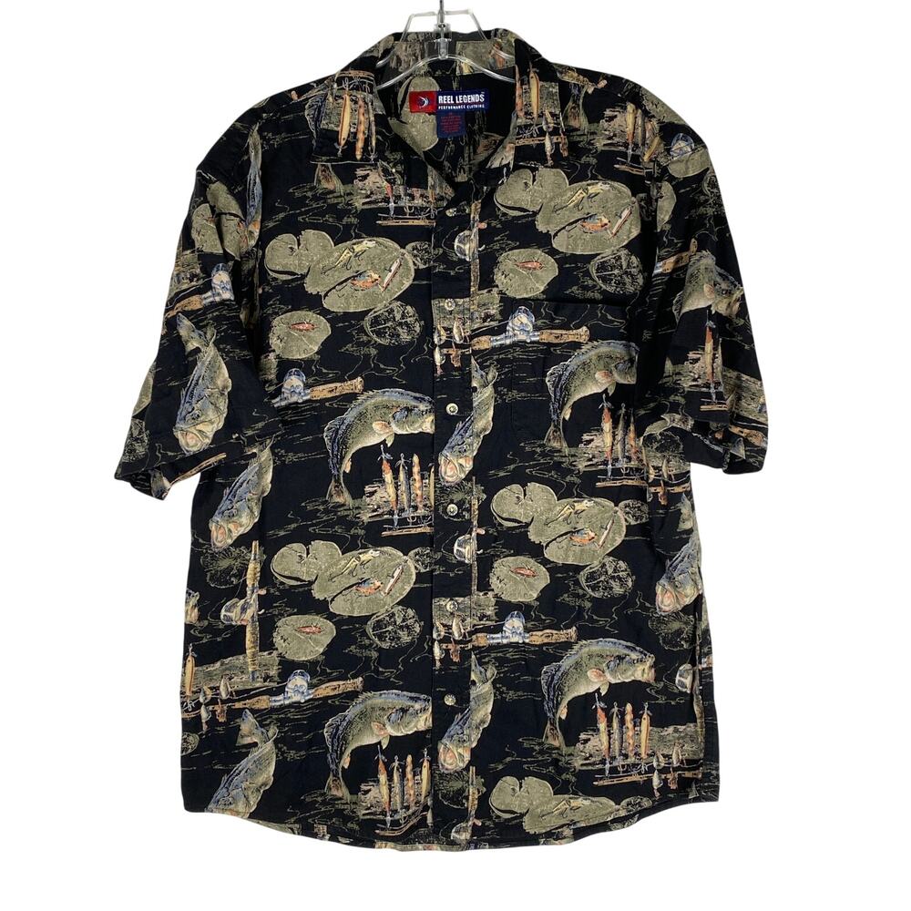 Reel Legends Black Bass Fishing Button Shirt Men M Outdoors Lake All Over Print